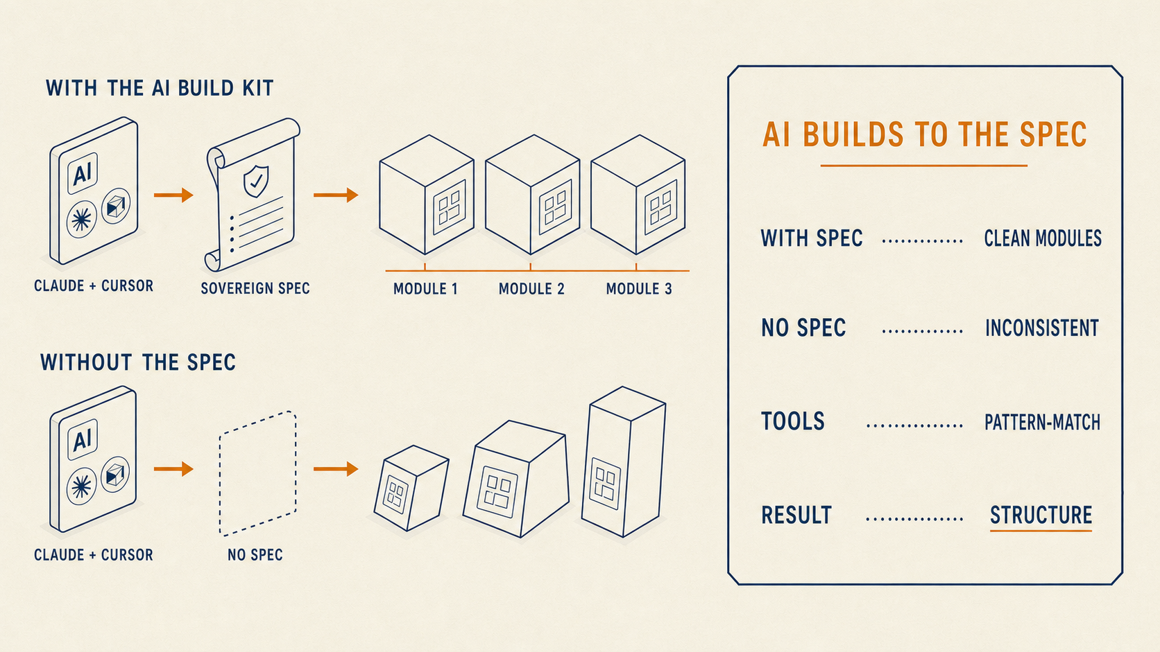 Two-part diagram: with the AI Build Kit, Claude and Cursor produce clean identical modules; without a spec, they produce inconsistent misaligned modules.
