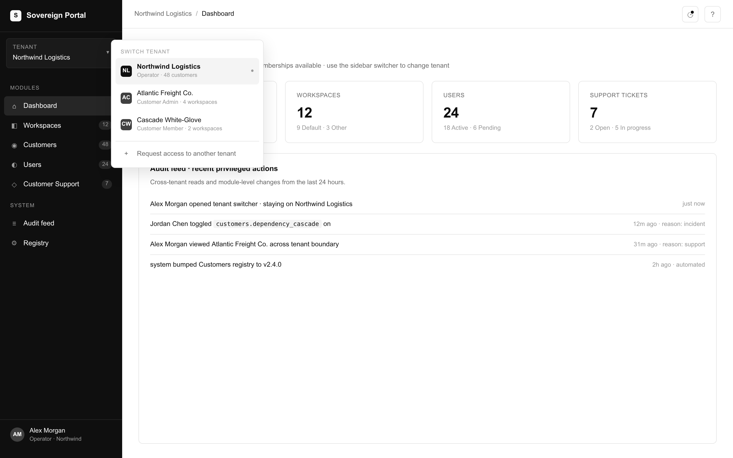 Tenant switcher showing memberships across multiple tenants with distinct roles