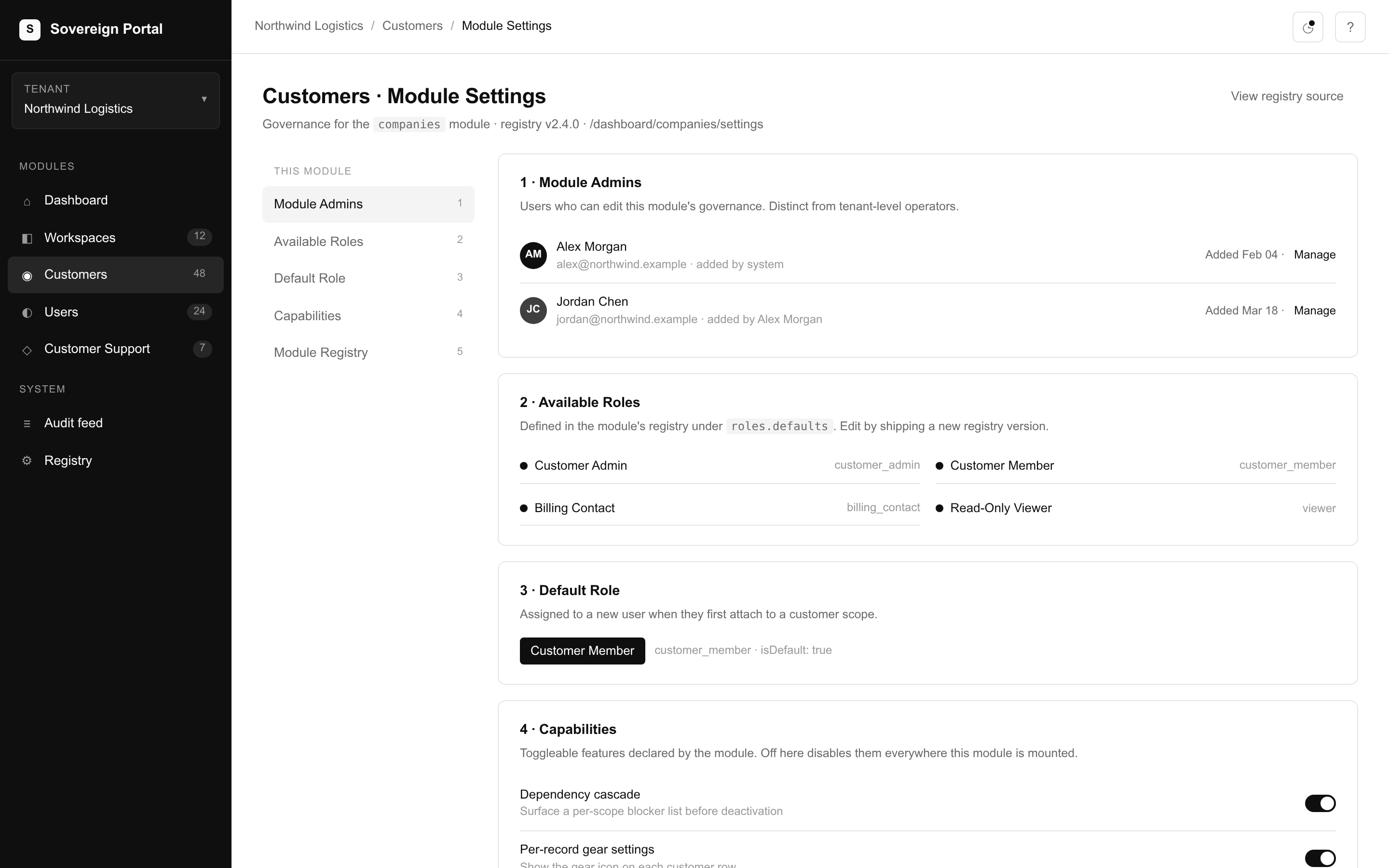 Sovereign module governance settings: admins, roles, default role, capabilities, registry version