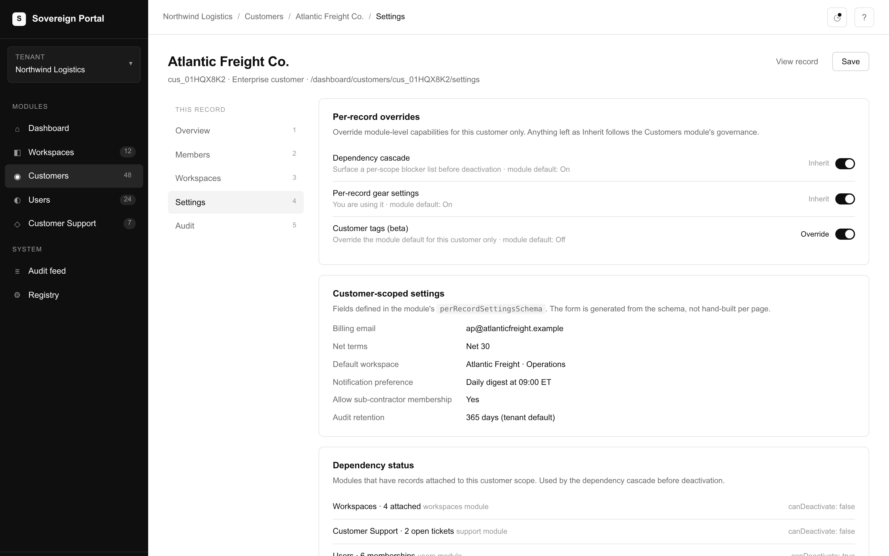 Per-record settings page with inherit/override toggles and a schema-driven form
