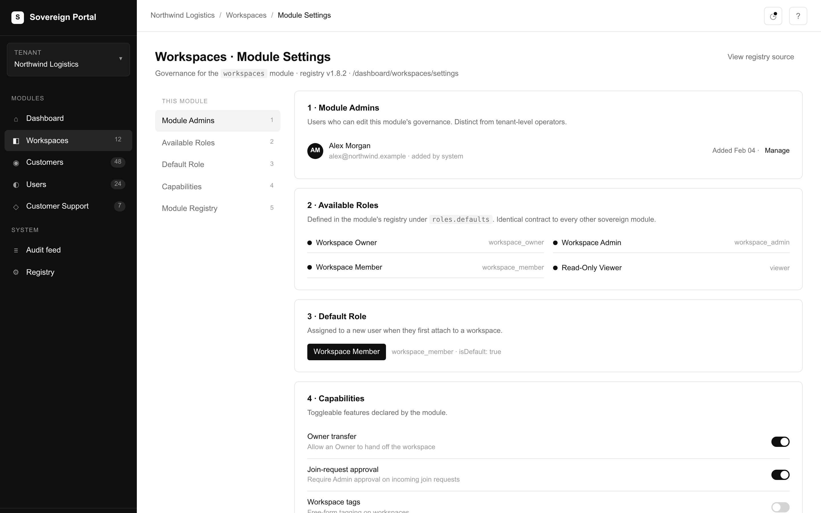 Workspaces module — settings and roles