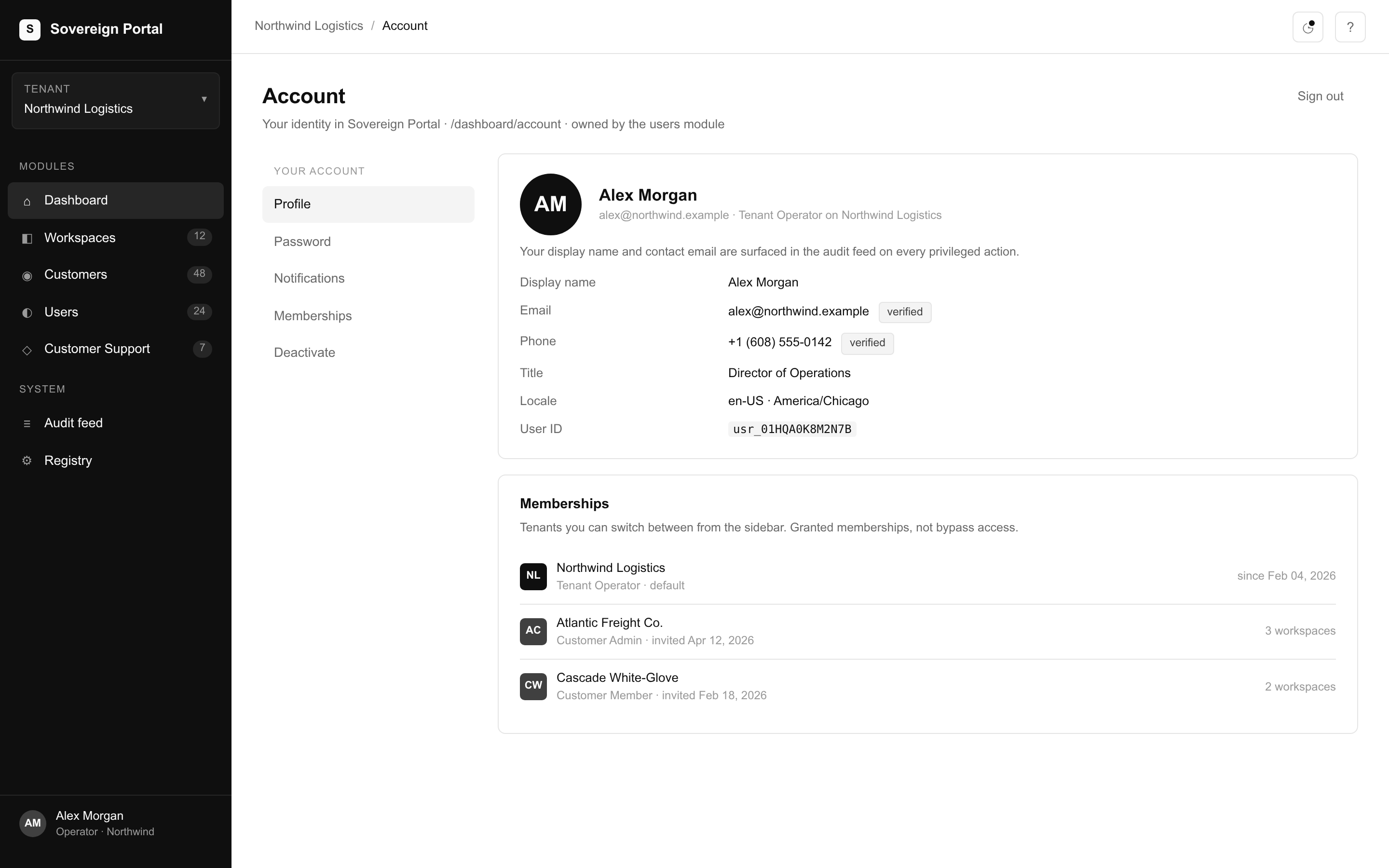 Account profile and memberships view showing tenants the user can switch between