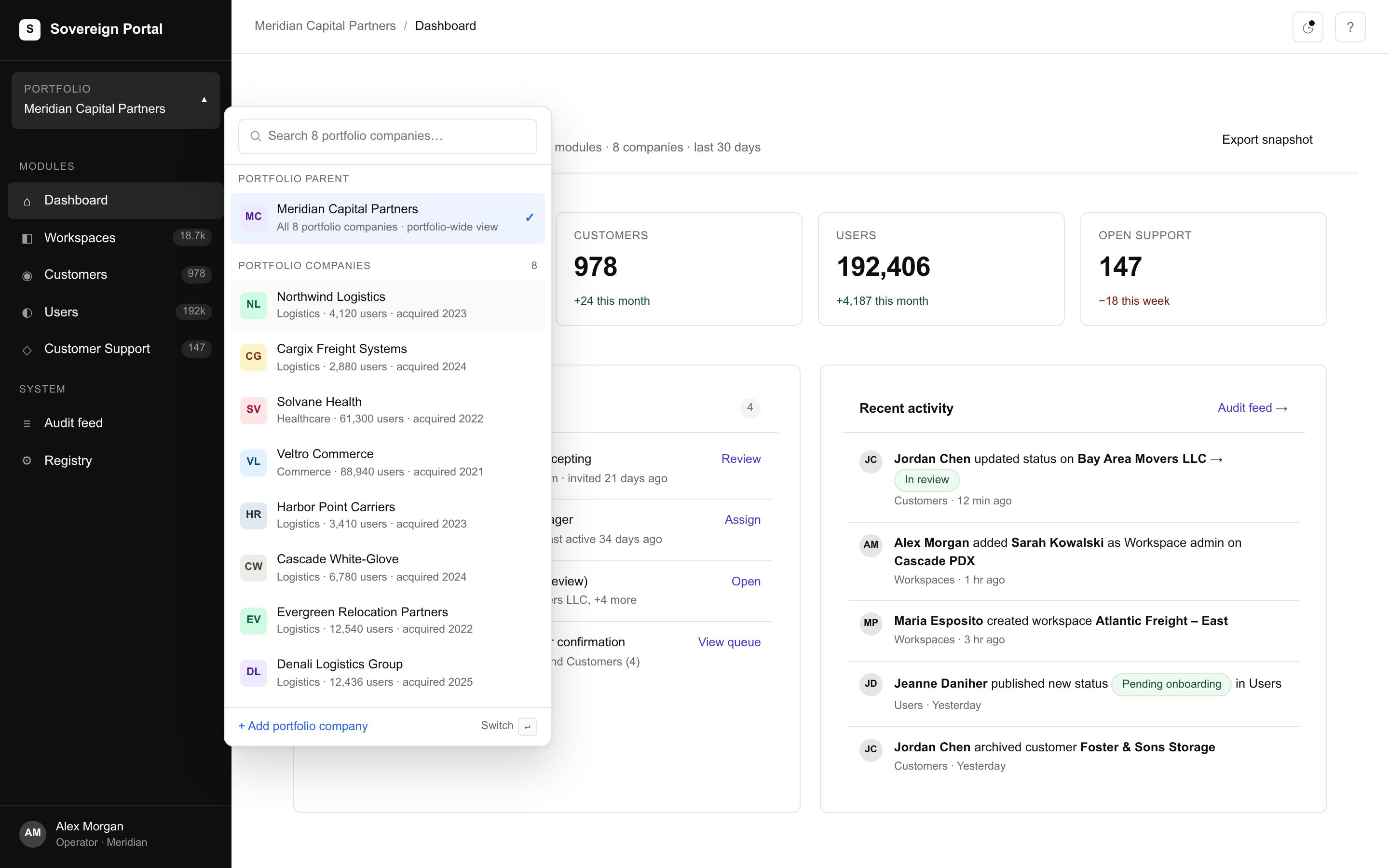 Portfolio-wide dashboard for a PE parent tenant with the tenant switcher open, showing eight portfolio companies to pare down to