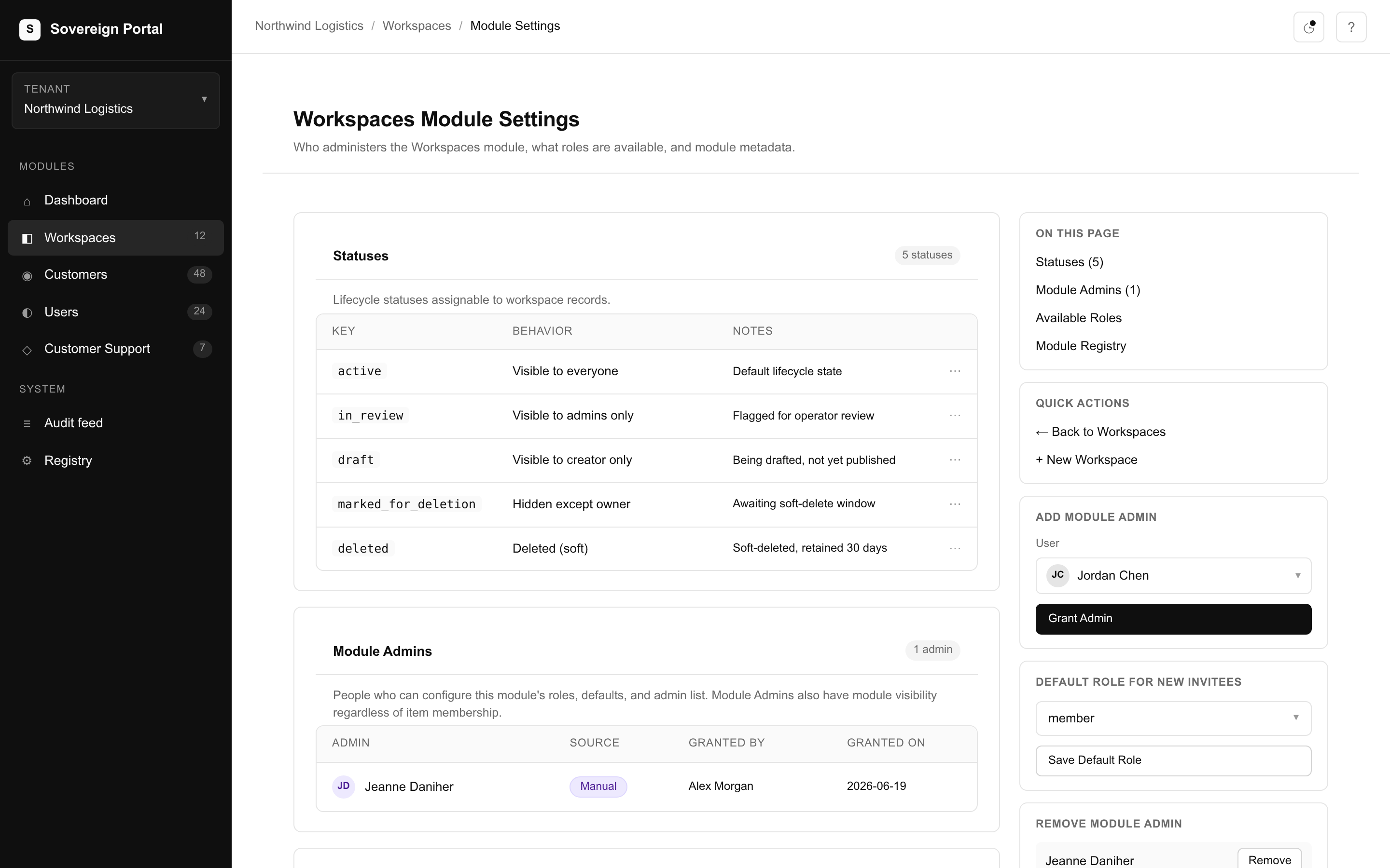 The Workspaces sovereign module with its own role catalog and capabilities