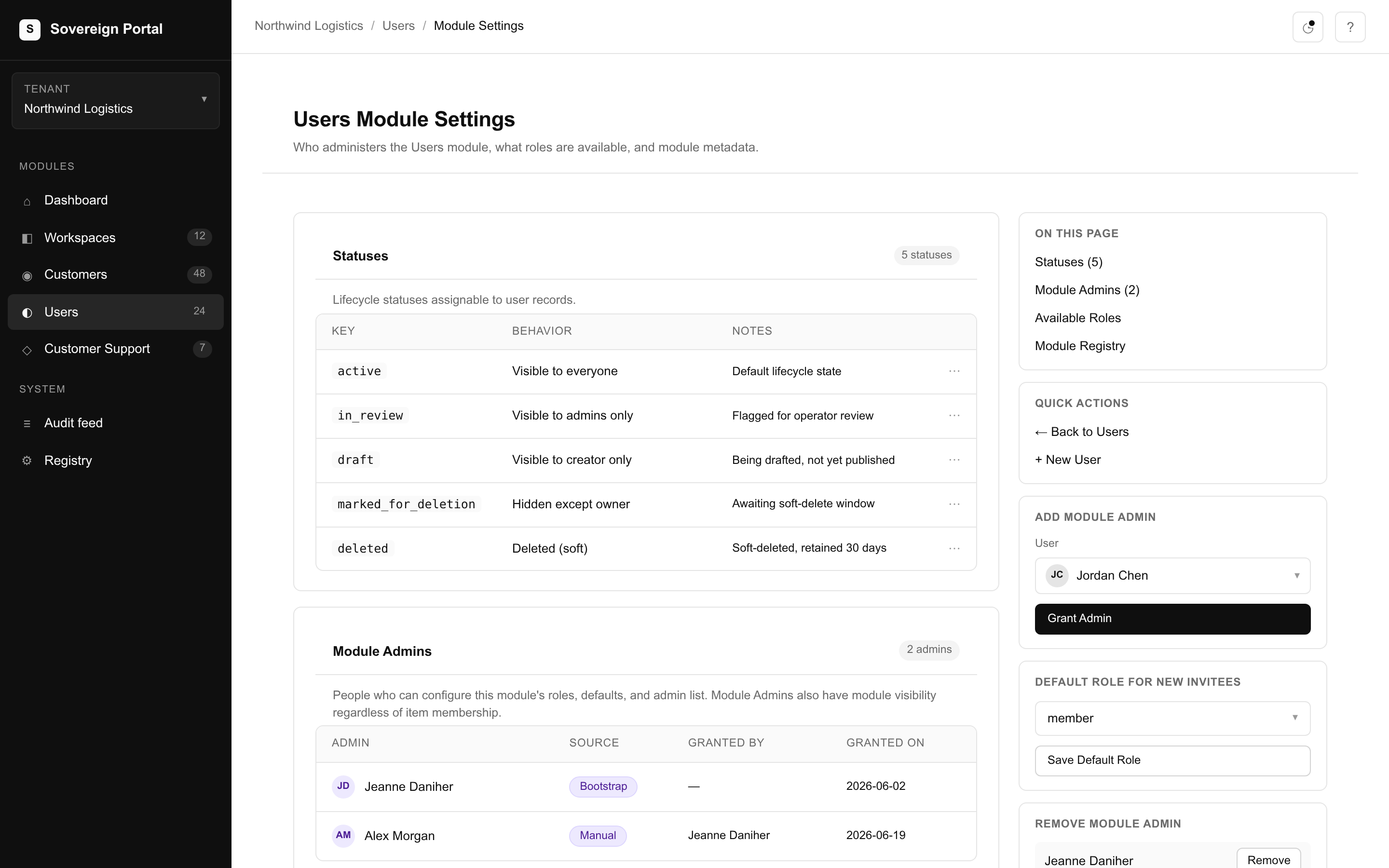 Sovereign module settings — the shell every module shares: statuses, admins, available roles, and module registry