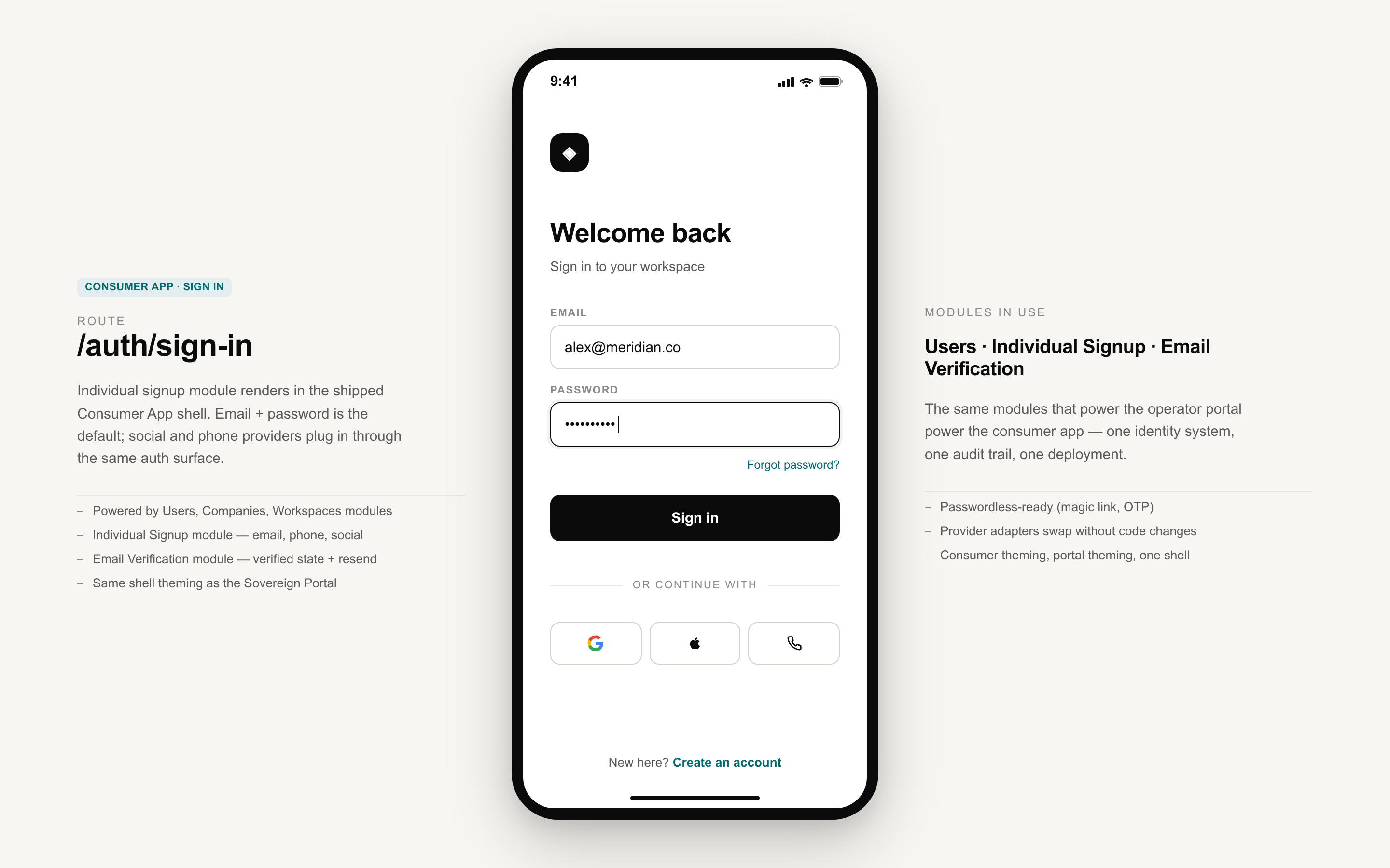 Sovereign Consumer App — mobile sign-in screen with email and password fields, primary sign-in button, and Google, Apple, and phone continue options