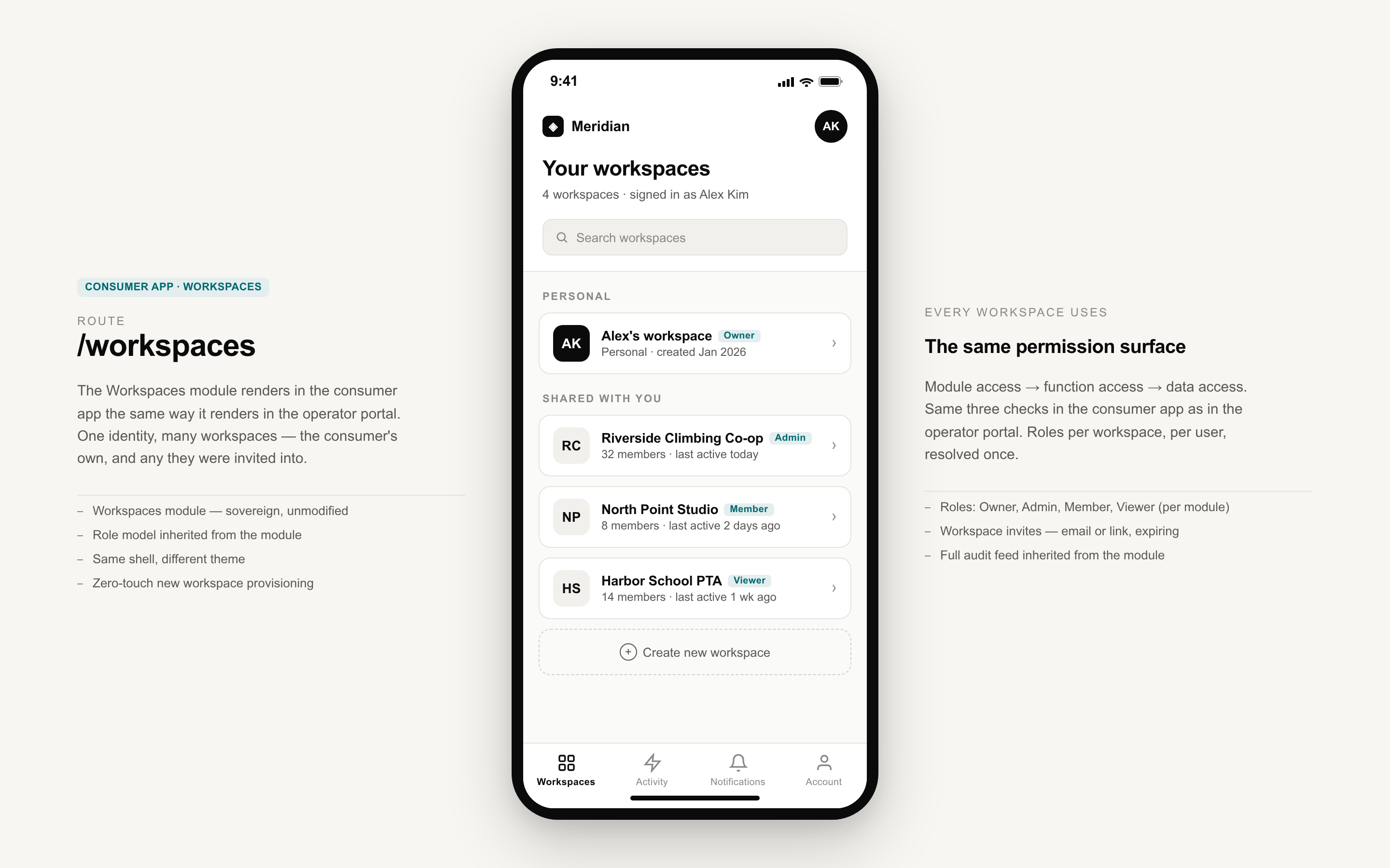 Sovereign Consumer App — mobile Your Workspaces screen showing the user's personal workspace plus shared workspaces with role chips and a create-new-workspace action