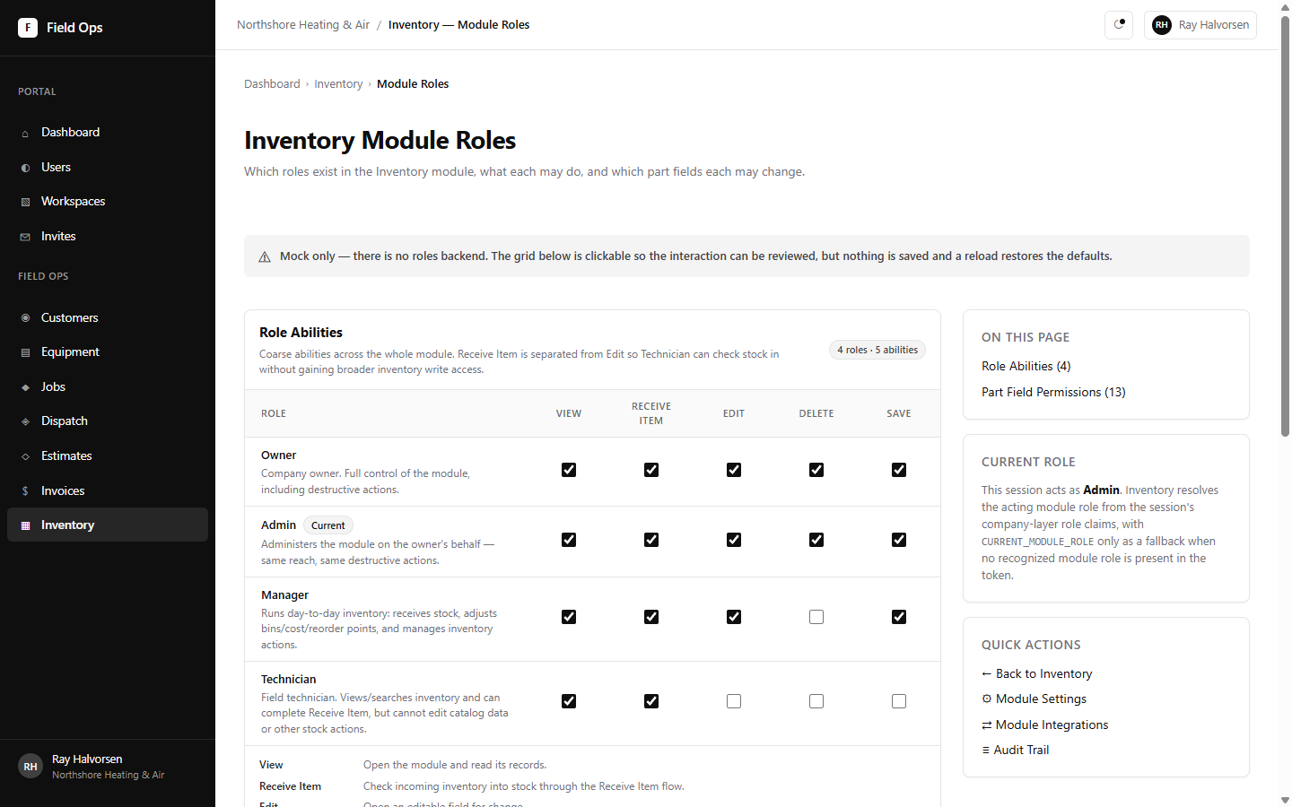 Sovereign Field Ops — Inventory Module Roles page showing the Role Abilities matrix (Owner, Admin, Manager, Technician against View, Receive Item, Edit, Delete, Save) and the per-module permission model