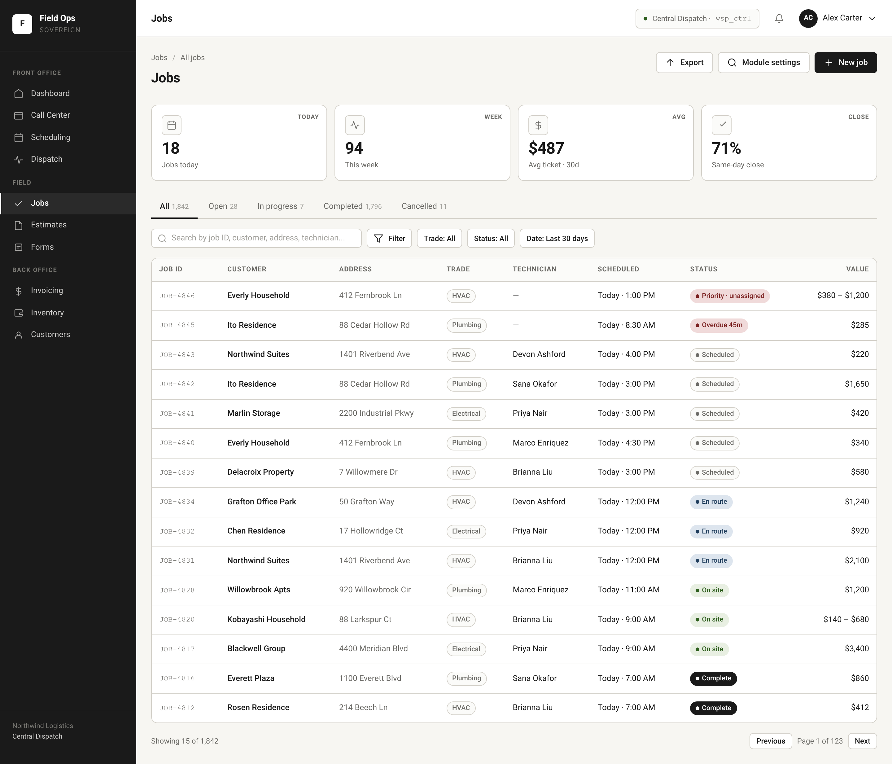 Sovereign Field Ops portal — Jobs module with the vertical module set in the left navigation