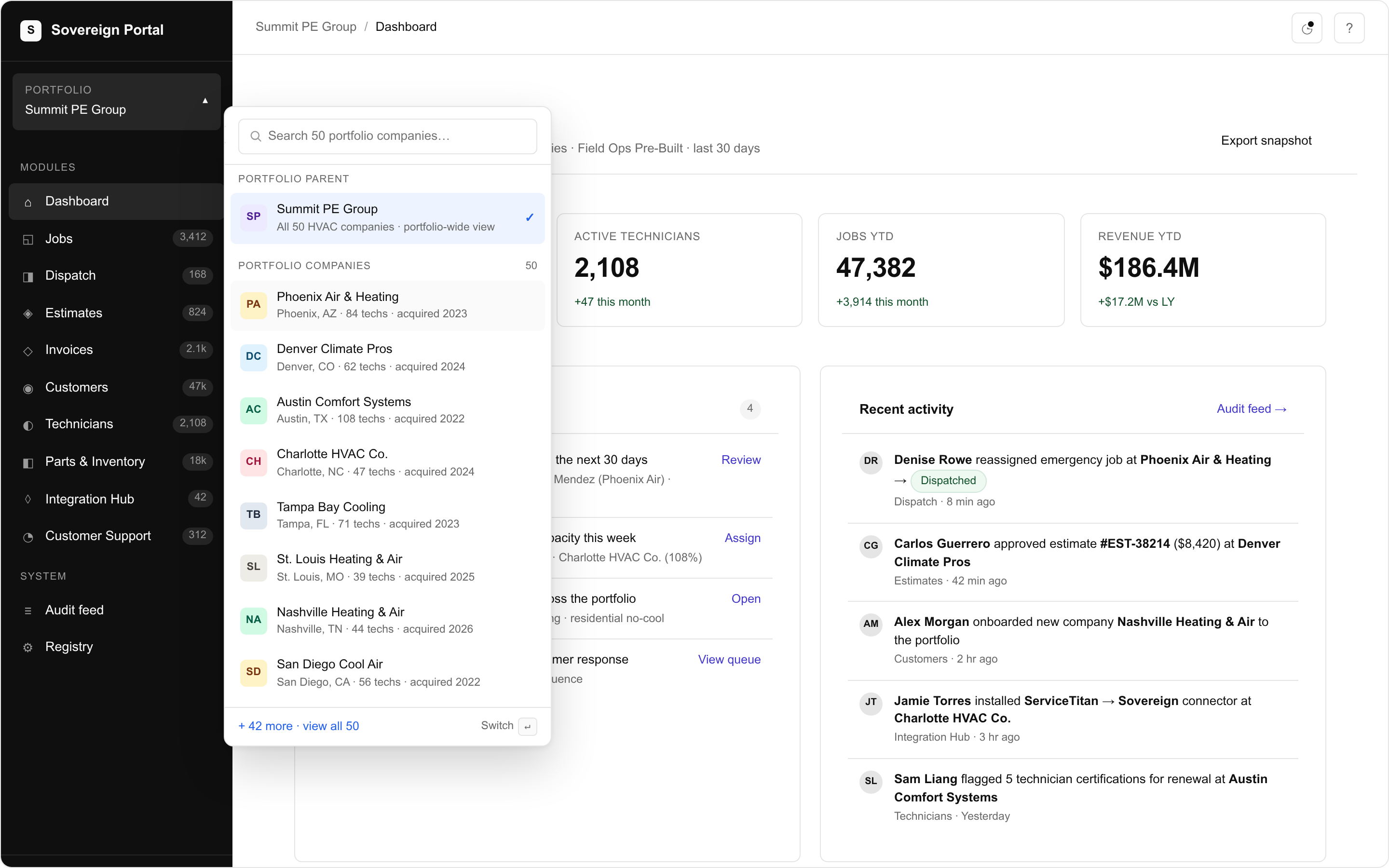 The Sovereign Platform shell — sidebar with the four foundation layers (Users, Companies, Workspaces, Modules) and the tenant switcher open showing portfolio companies